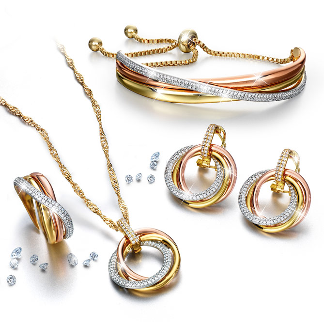 Conjunto TRÉSOR D´OR: Três elegantes alianças entrelaçadas com acabamento em Ouro de lei