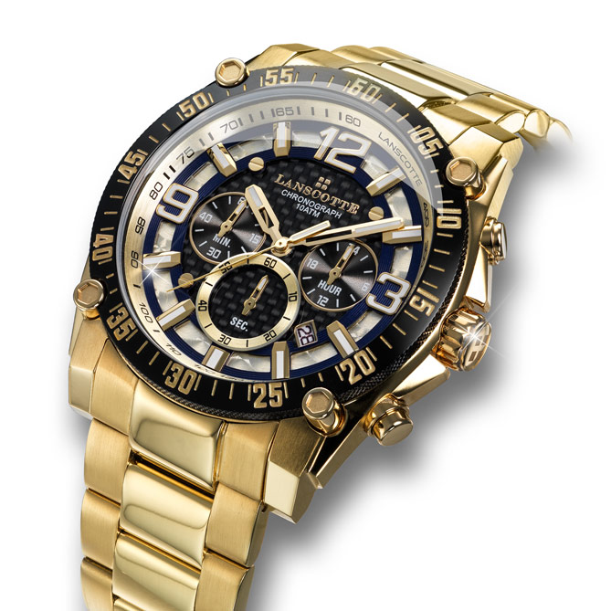 Relógio-Cronógrafo CHRONO STAR: 100% Aço 316L, cirúrgico e antialérgico, banhado em Ouro de lei IPG