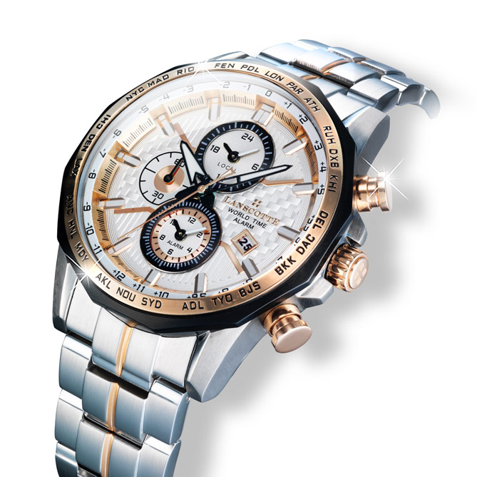 Relógio “World Time” EXPERTISE: 100% Aço 316L cirúrgico e antialérgico com acabamento seletivo em Ouro rosa de lei