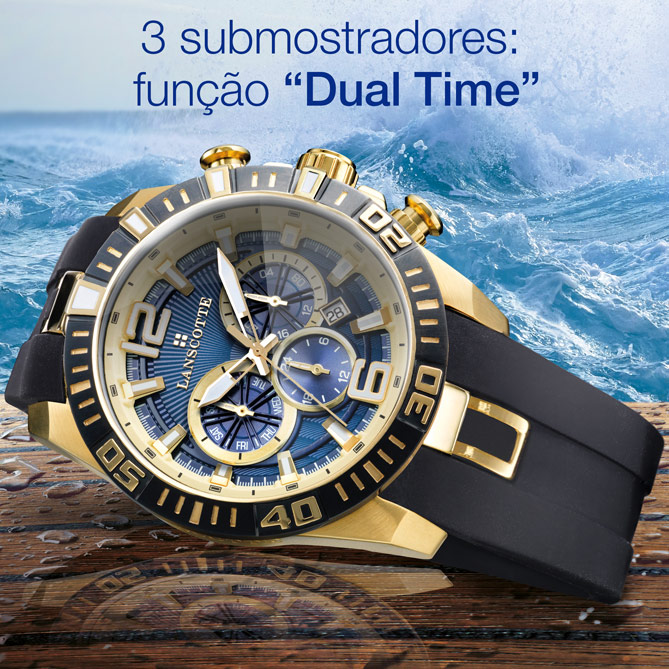 Relógio Multifunções EVOLUTION: Bisel interior dourado com detalhes de cor preta
