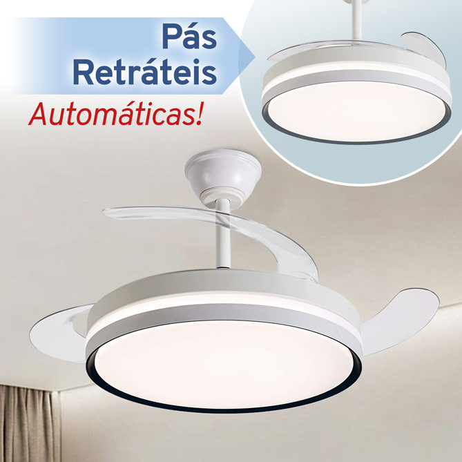 Ventoinha com luz BRISANOVA RETRÁTIL: Ventoinha de teto com pás retráteis automáticas e luz LED de baixo consumo integrada